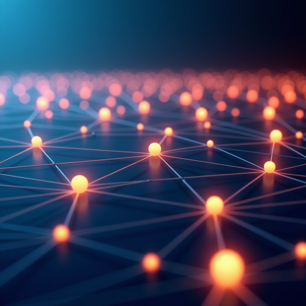 Abstract representation of decentralized networks, glowing nodes connected by lines, soft ambient lighting, modern technology, wide shot, 4:3