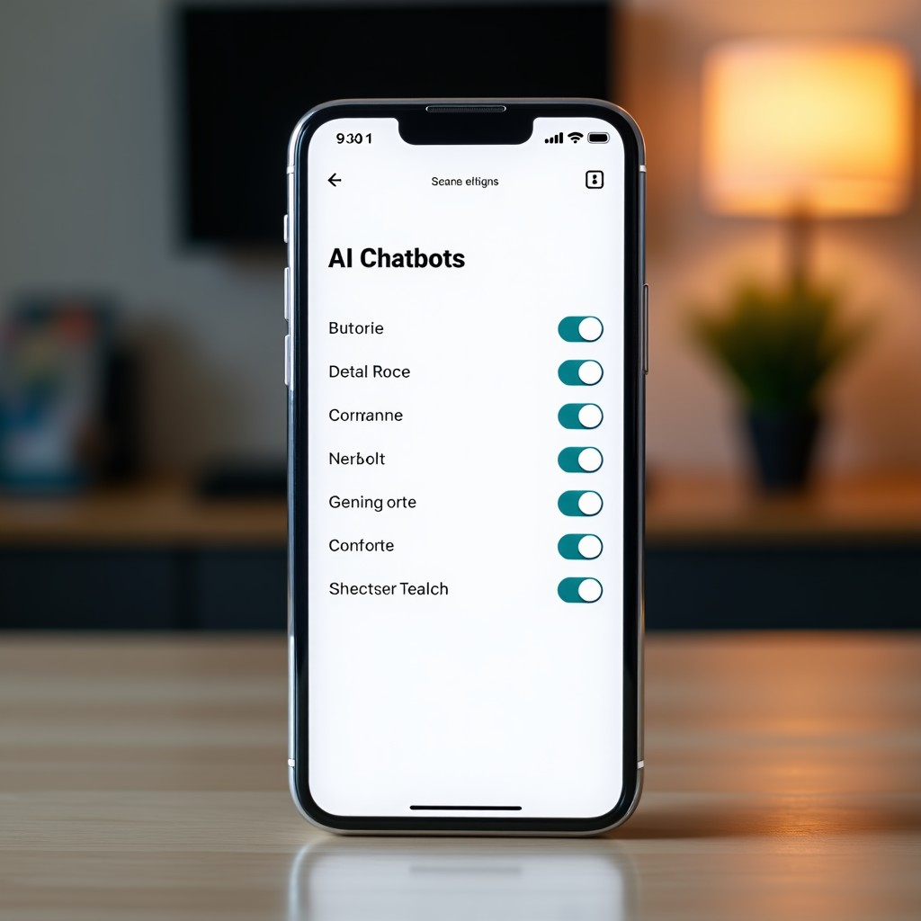 Minimalist UI design on a smartphone screen showing settings for various AI chatbots with toggle switches, clean typography, soft bokeh background, 16:9 aspect ratio.