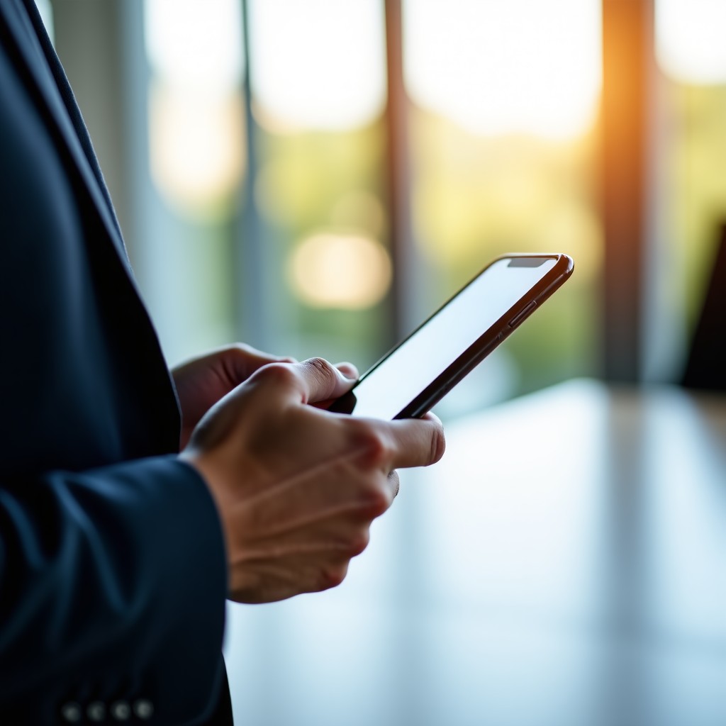 A person holding a modern smartphone in a bright office environment, clean desk, sunlight coming through a window, focus on the device screen, high quality photography, 16:9 aspect ratio.