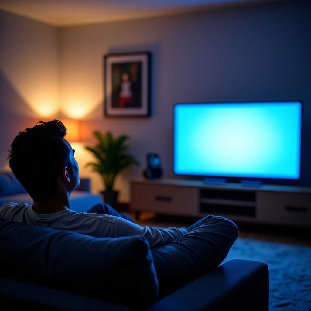A person relaxing on a sofa in a modern living room watching a television screen in a dark, cozy environment, soft ambient lighting, high definition, realistic photography, 4:3.