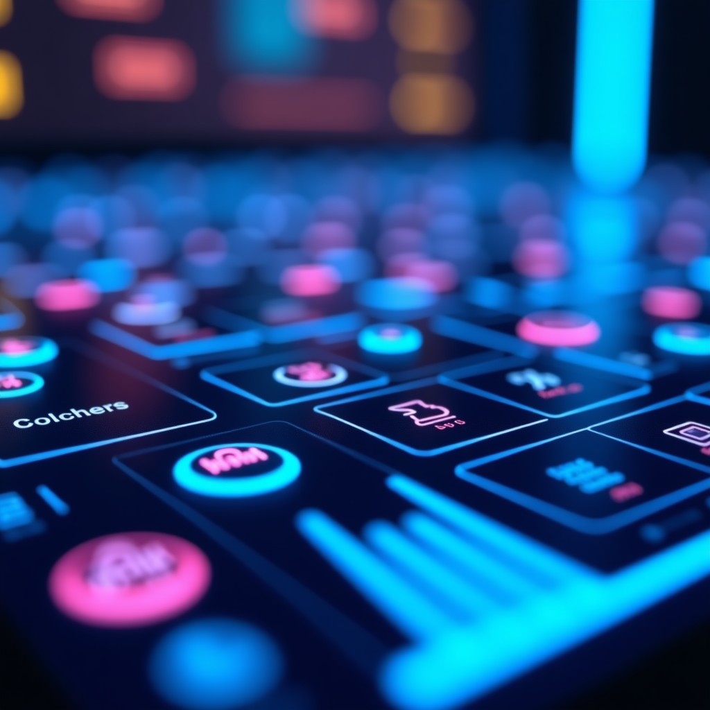 Close-up of modern digital interface elements and high-tech streaming icons, glowing blue and purple neon lights, cinematic depth of field, 4:3.