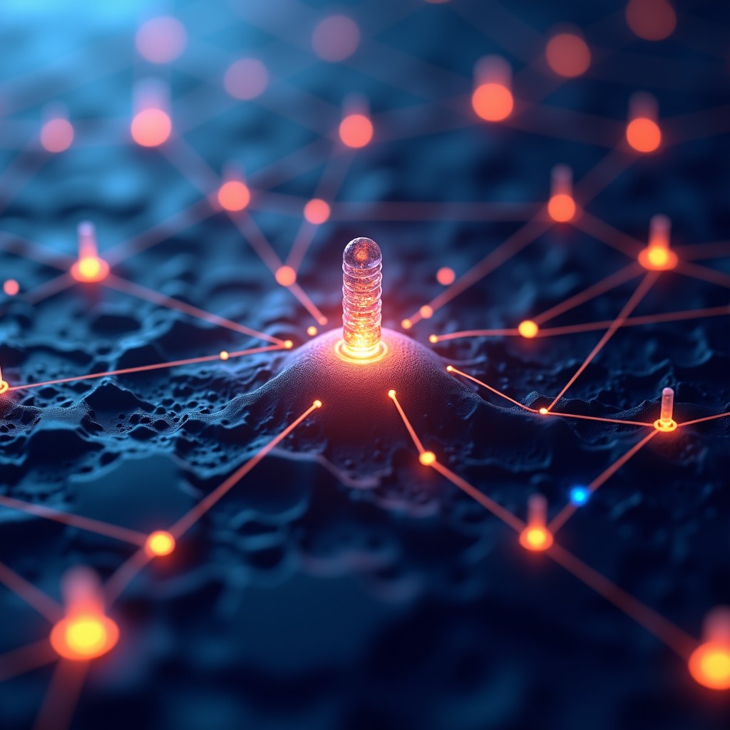 Abstract representation of organized digital memory nodes connecting, glowing particles, professional data management concept, high resolution, 4:3