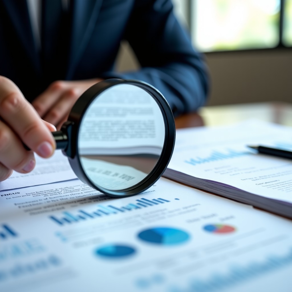 Magnifying glass over a complex document, highlighting the importance of accuracy and human oversight, sharp focus, professional office environment, 4:3