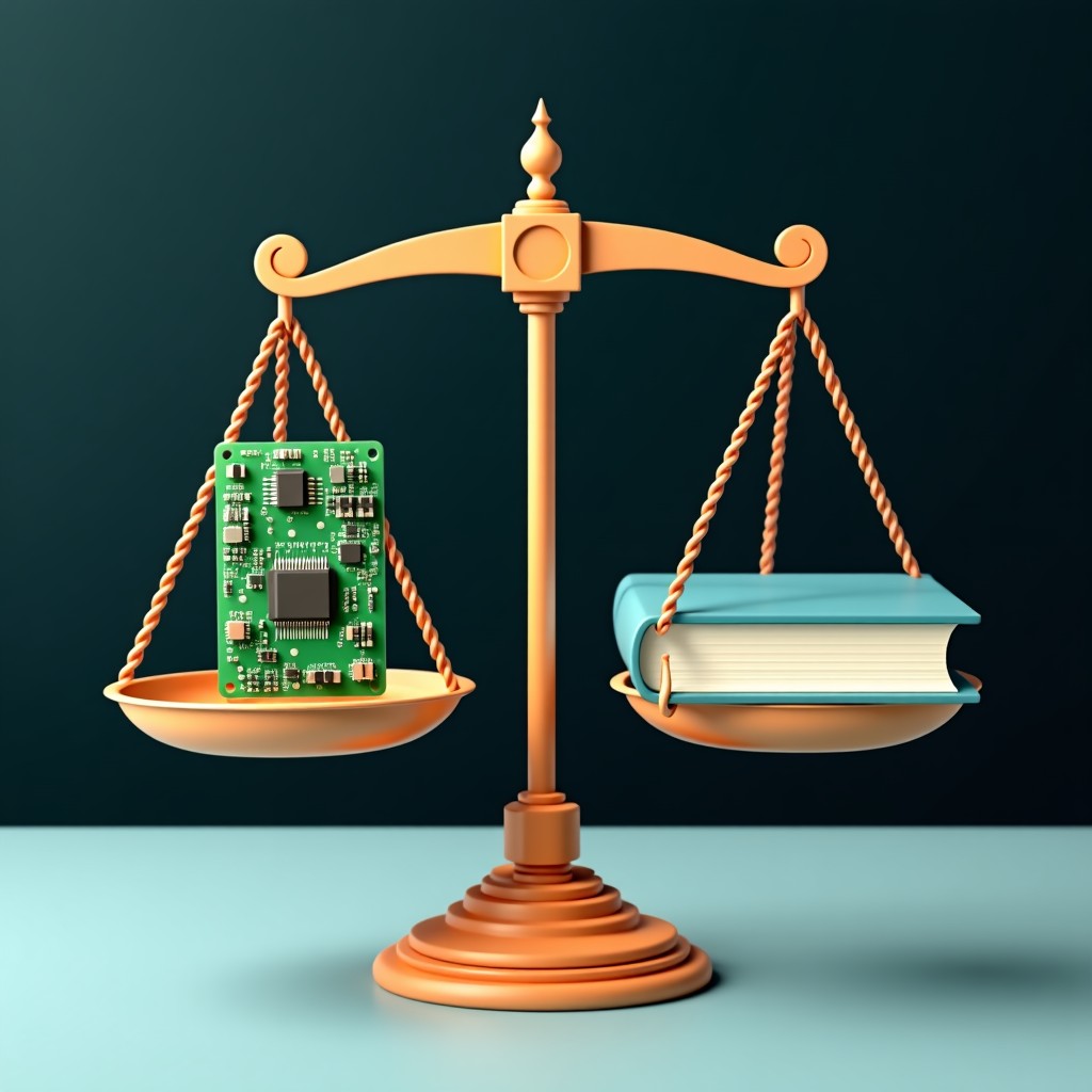 An abstract conceptual image of a balance scale where one side holds a circuit board and the other side holds a law book, balanced and elegant, 4:3