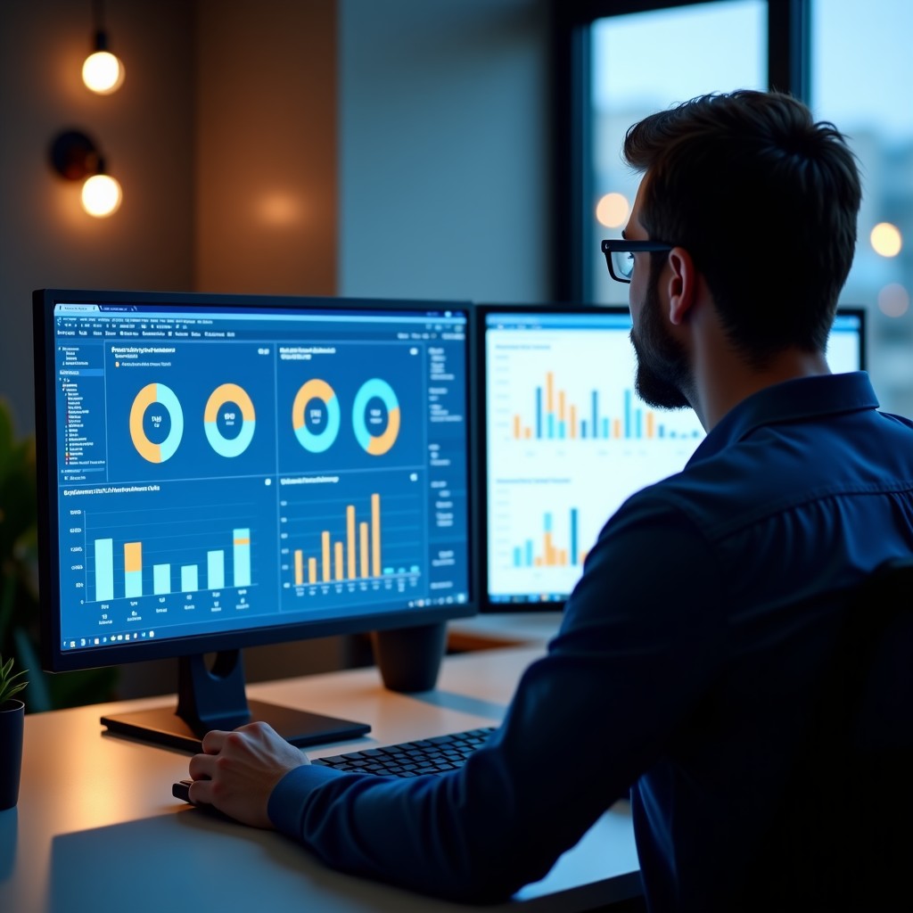 A professional workspace with a developer looking at multiple data charts on a screen, realistic modern office lighting, 16:9