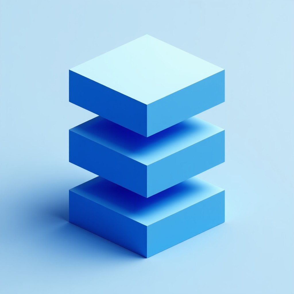 Minimalist architectural design representation of a database structure, geometric shapes, blue tones, professional 4:3