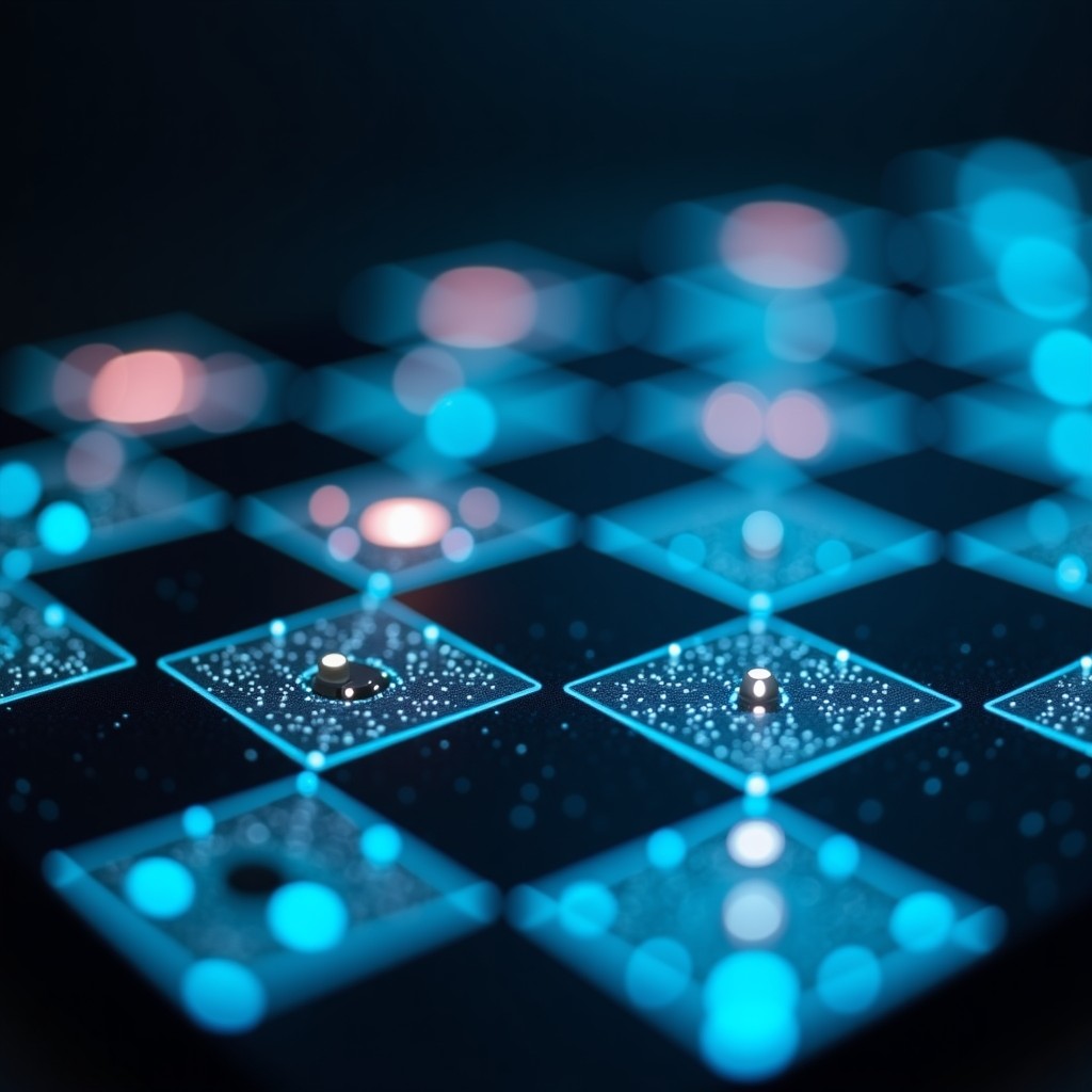 Conceptual image of a chessboard with high tech microchips and silicon valley symbols, dramatic contrast, professional photography, 4:3