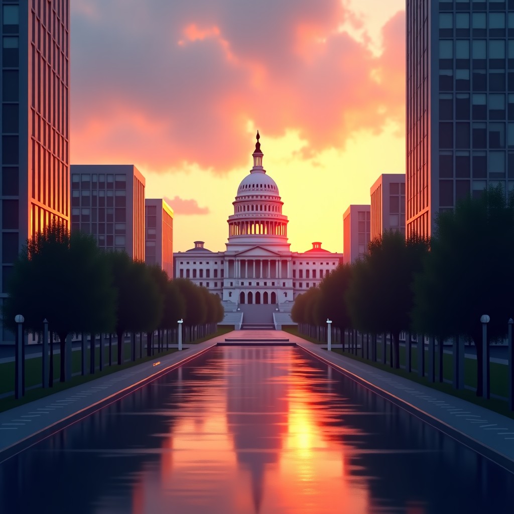 An expansive view of a modern tech hub meeting a political legislative building, sunset light, cinematic atmosphere, 4:3