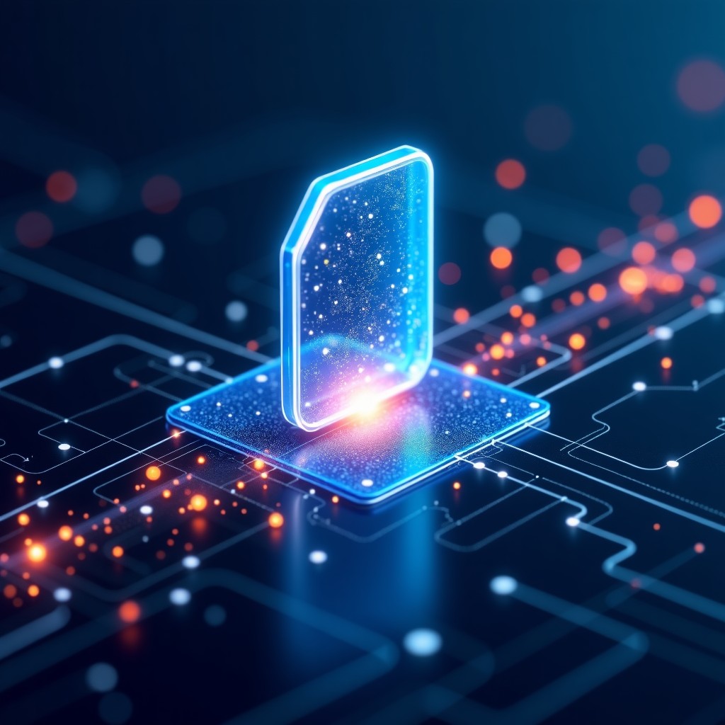 Conceptual image of a secure digital file transfer process, glowing particles and data streams converging into a central hub, high contrast, clean workspace aesthetic, 4:3