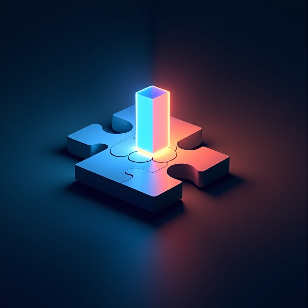 Two contrasting light sources representing technology ethics and state power merging into a complex puzzle, modern design, clean composition, 4:3