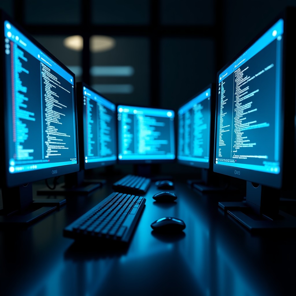 A dark office room illuminated by multiple computer screens showing complex code, reflective glass surface, depth of field, 4:3