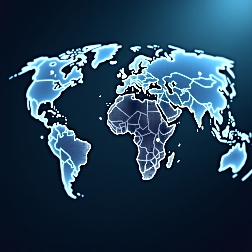 Abstract representation of global business network connections with a touch of legal and technological symbolism, wide angle, 4:3