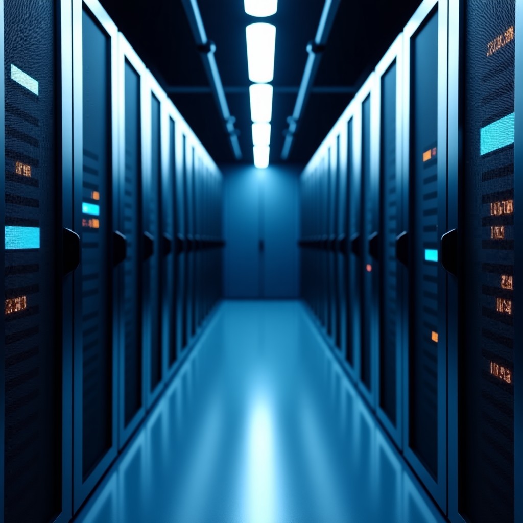 A clean and modern data center server rack glowing with soft light, high-tech engineering atmosphere, sharp focus, 4:3 aspect ratio
