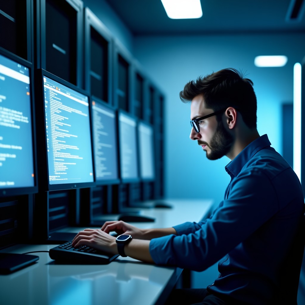 A professional IT technician working in a clean, modern server room environment, focus on high-tech workstation with glowing screens, realistic style, soft lighting, 4:3.