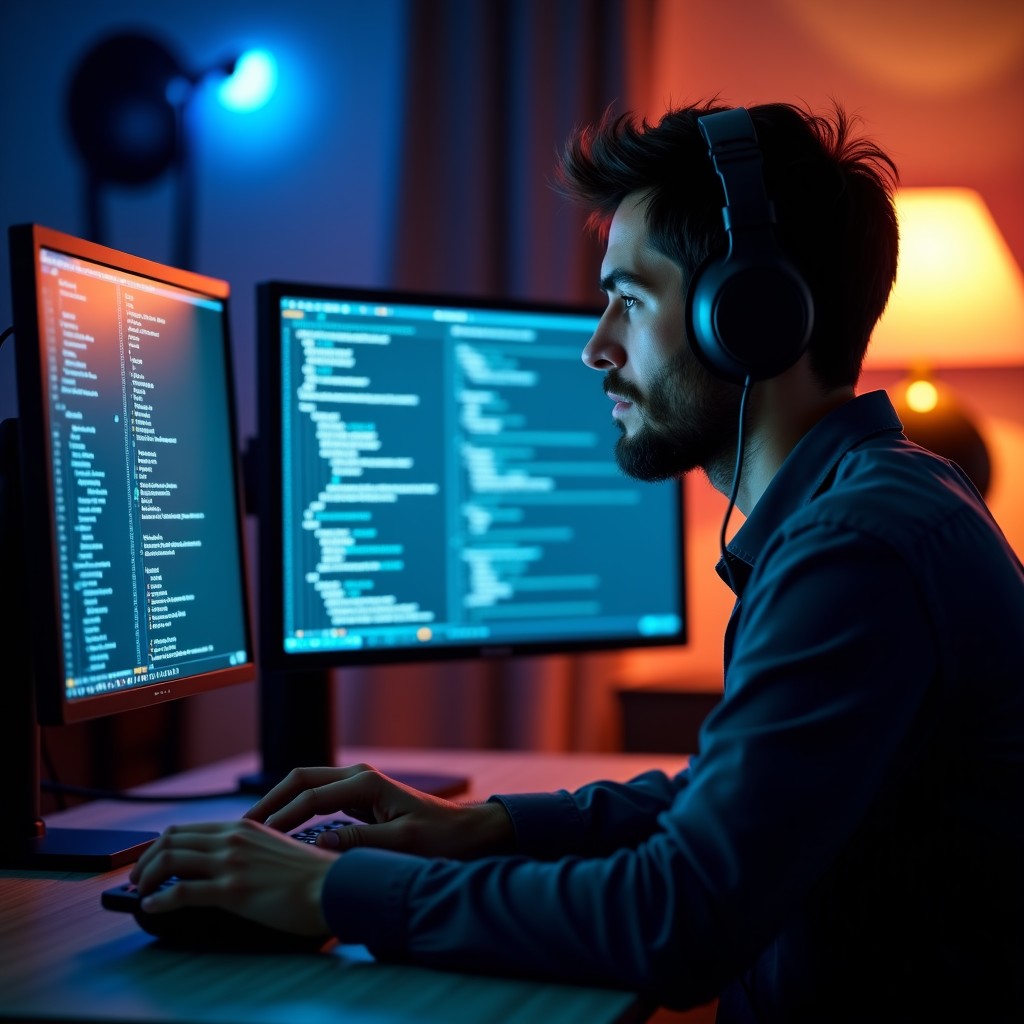 Close up of a developer working on complex software code on a dual monitor setup, warm lighting, cinematic atmosphere, 4:3