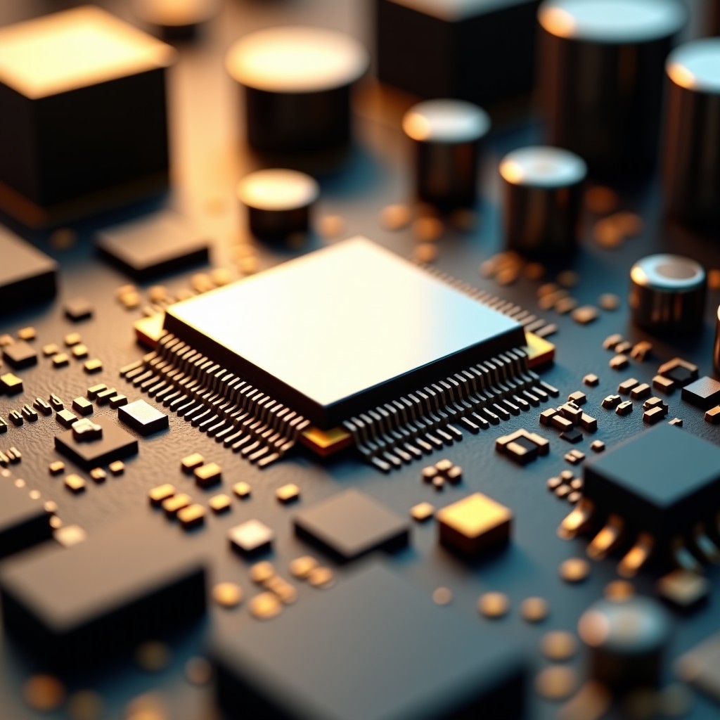 Close-up of advanced computer processor chip integrated circuit board, technological detail, golden and silver tones, shallow depth of field, 16:9