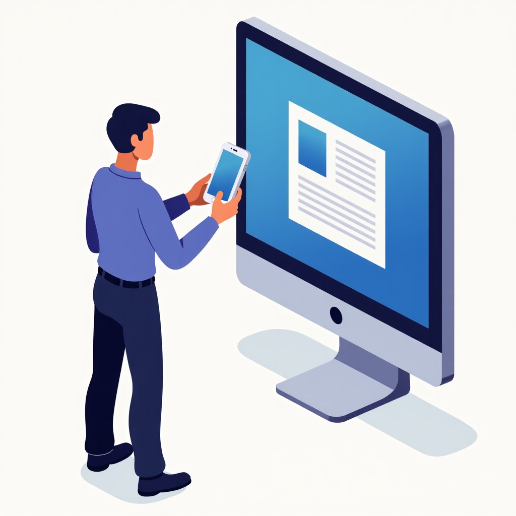 A split screen visualization showing a character progress syncing between a mobile phone held in hand and a PC screen, stylized conceptual art, tech-focused, 4:3.