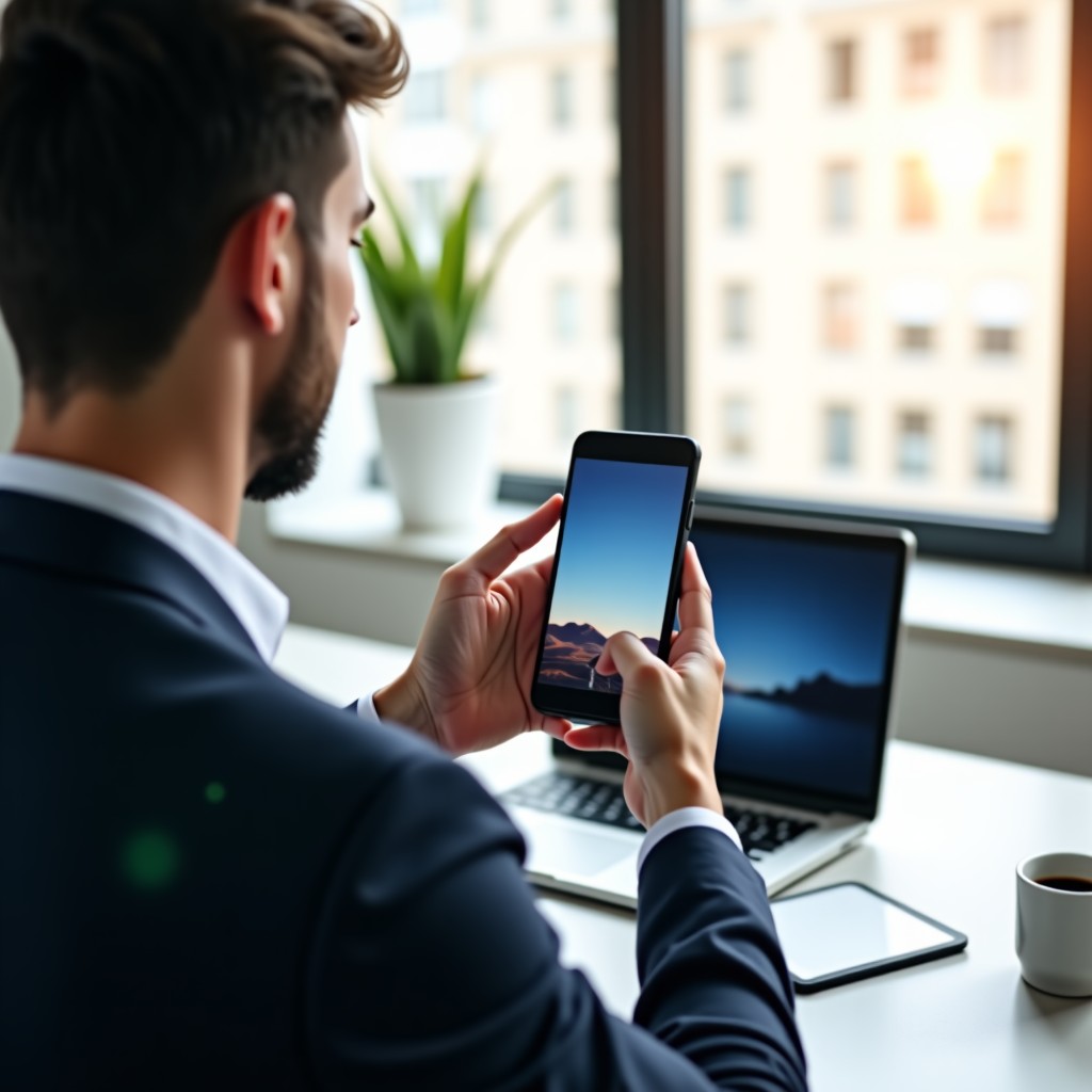 A professional smartphone user holding the S26 Ultra in a modern office, natural light, clean desk environment, high-quality professional photography, 4:3 aspect ratio