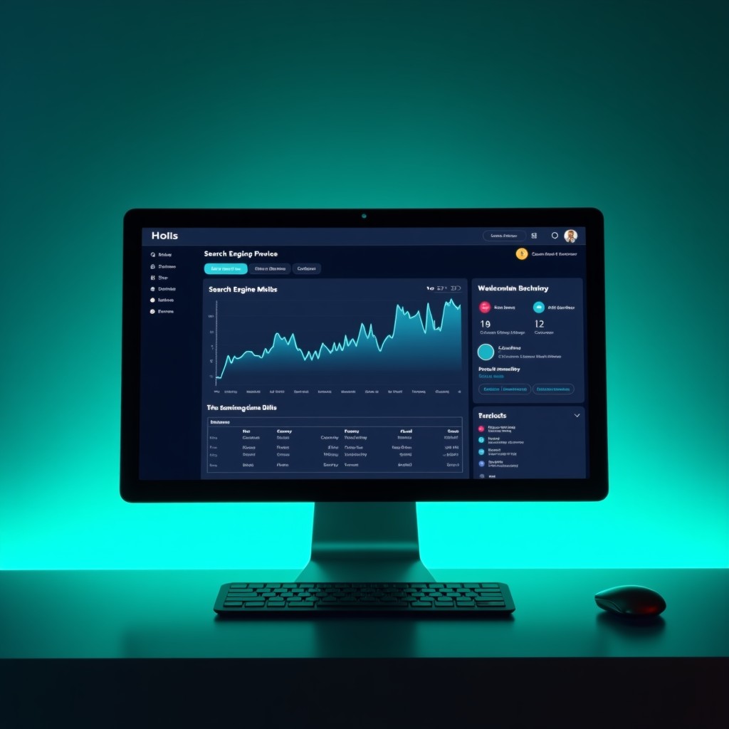 Minimalist digital workspace, high-tech interface on a computer screen showing search engine optimization metrics, deep blue and teal color palette, 4:3 aspect ratio.