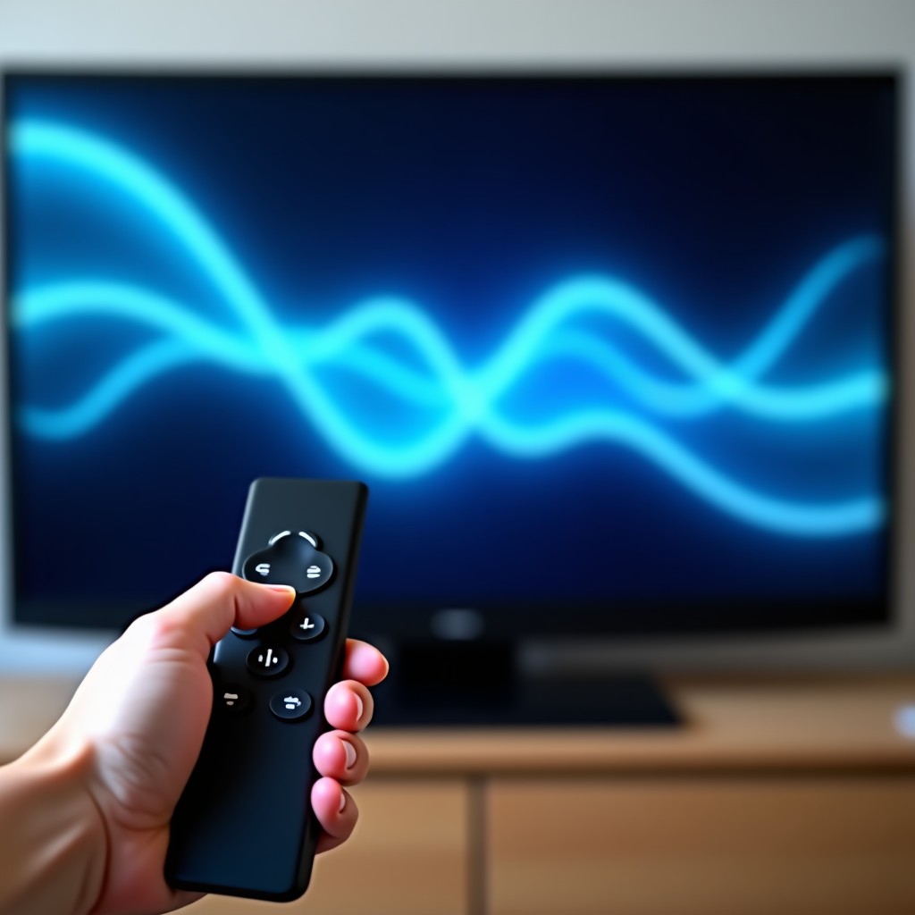 A hand holding a voice-enabled remote control pointed at a smart TV, abstract glowing waves representing voice input, modern technological environment, clean aesthetic, depth of field, 16:9 aspect ratio.