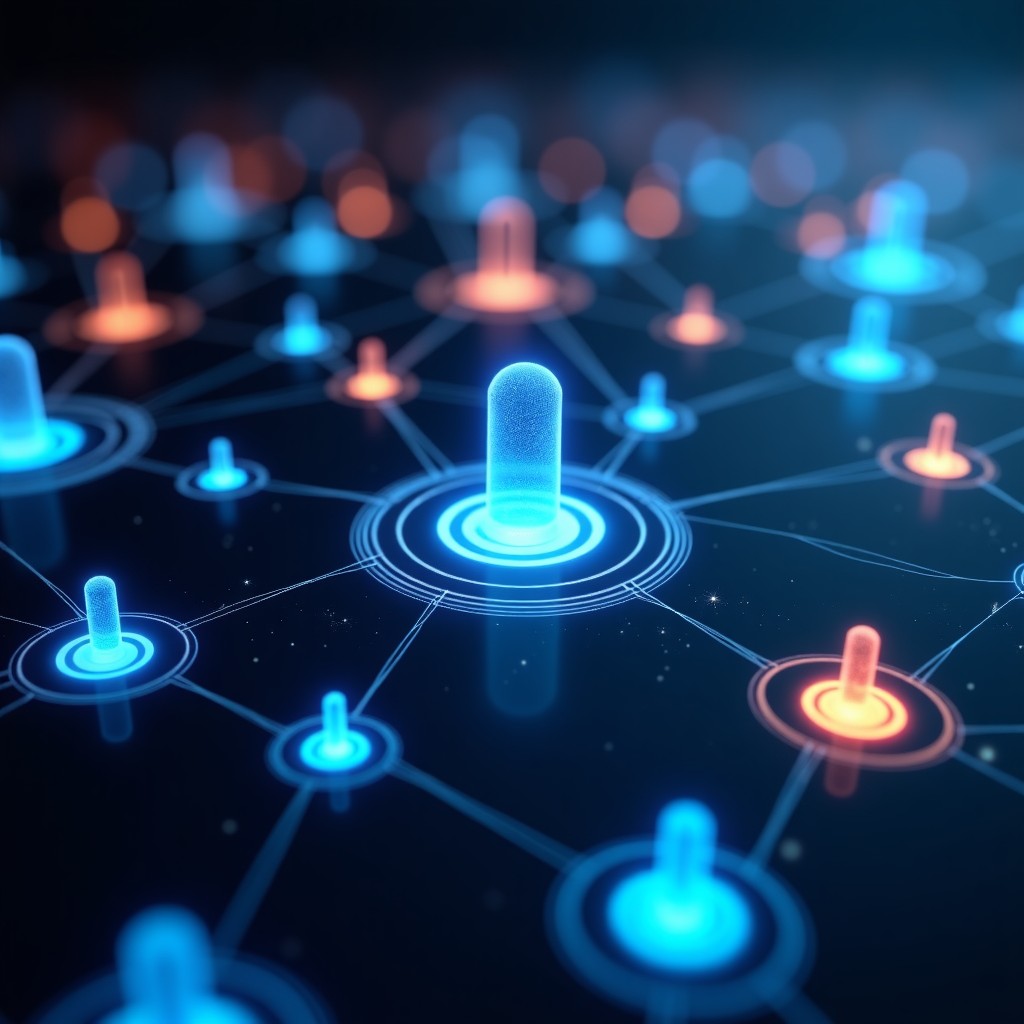 A digital concept of content and product synergy, abstract data nodes connecting social media posts to retail items, glowing connections, dark aesthetic, cinematic lighting, 4:3