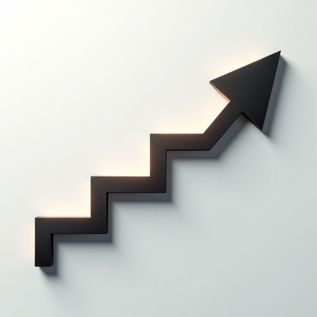 Minimalist professional infographic style composition of an upward arrow trend line, clean geometric shapes with metallic textures, soft lighting, 4:3