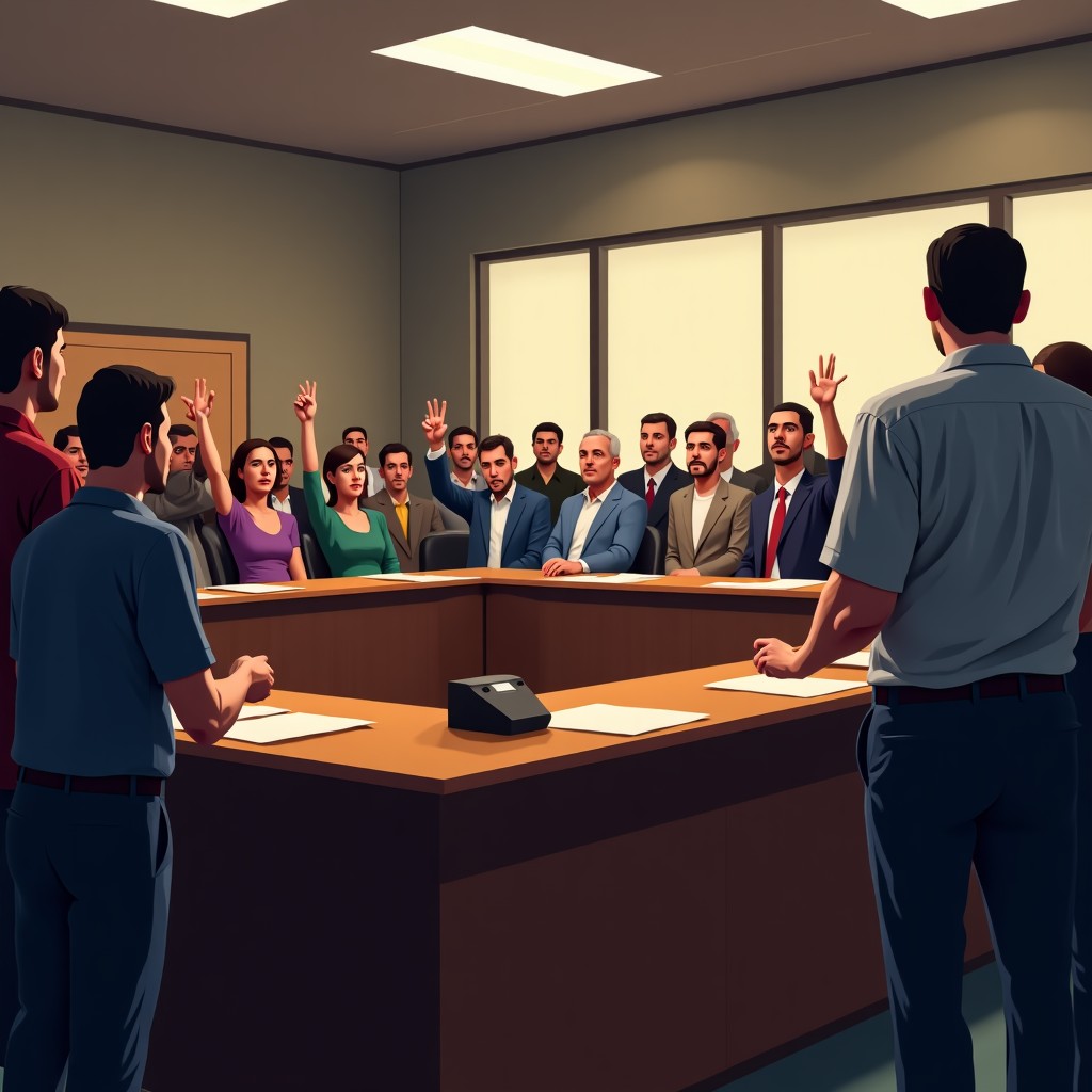 A tense scene inside a small town city council meeting room. Local residents are standing up and expressing frustration toward a panel of officials sitting behind a long wooden desk. The room is crowded, and the lighting is realistic and slightly dim. No text visible. 4:3
