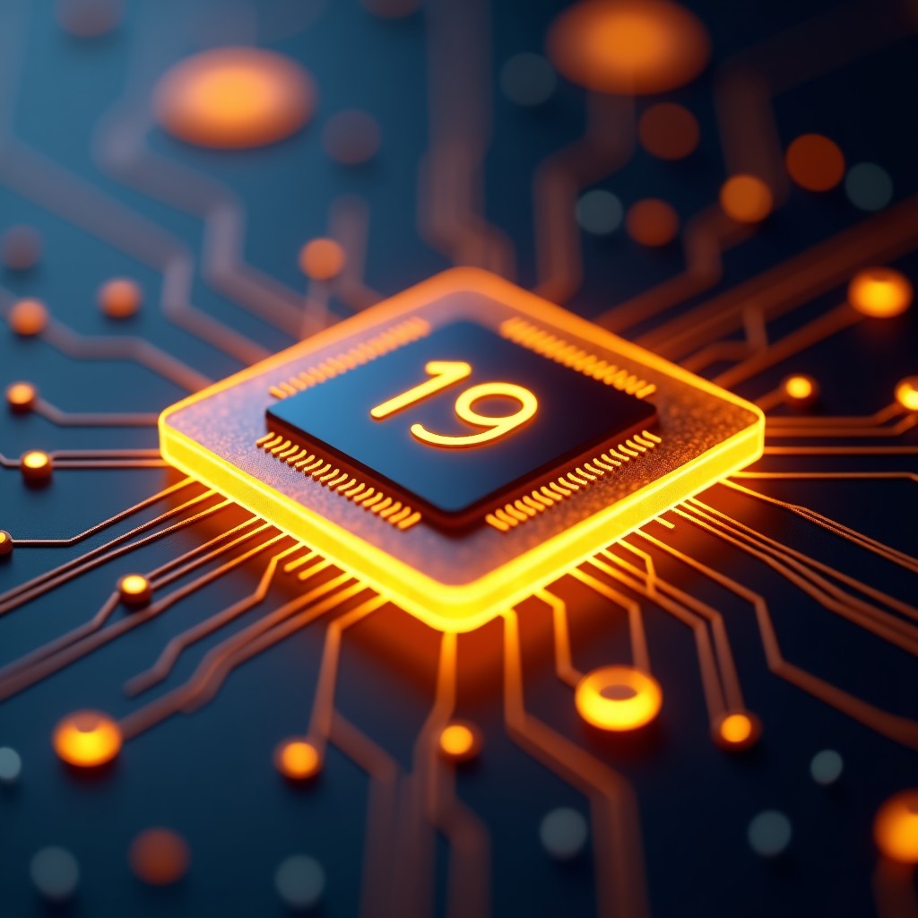 High tech semiconductor chip with A19 engraved on top, glowing golden circuits, dark futuristic background, cinematic lighting, 3D render, 1:1