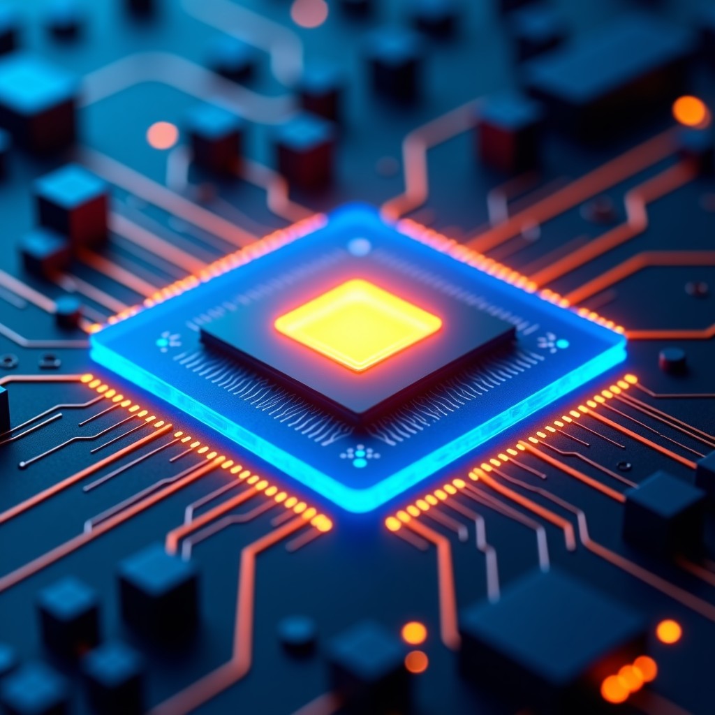 A high-tech visualization of a powerful computer chip glowing with blue and gold light on a futuristic circuit board. Professional lighting, high contrast, representing advanced processing power and memory. No text. 4:3