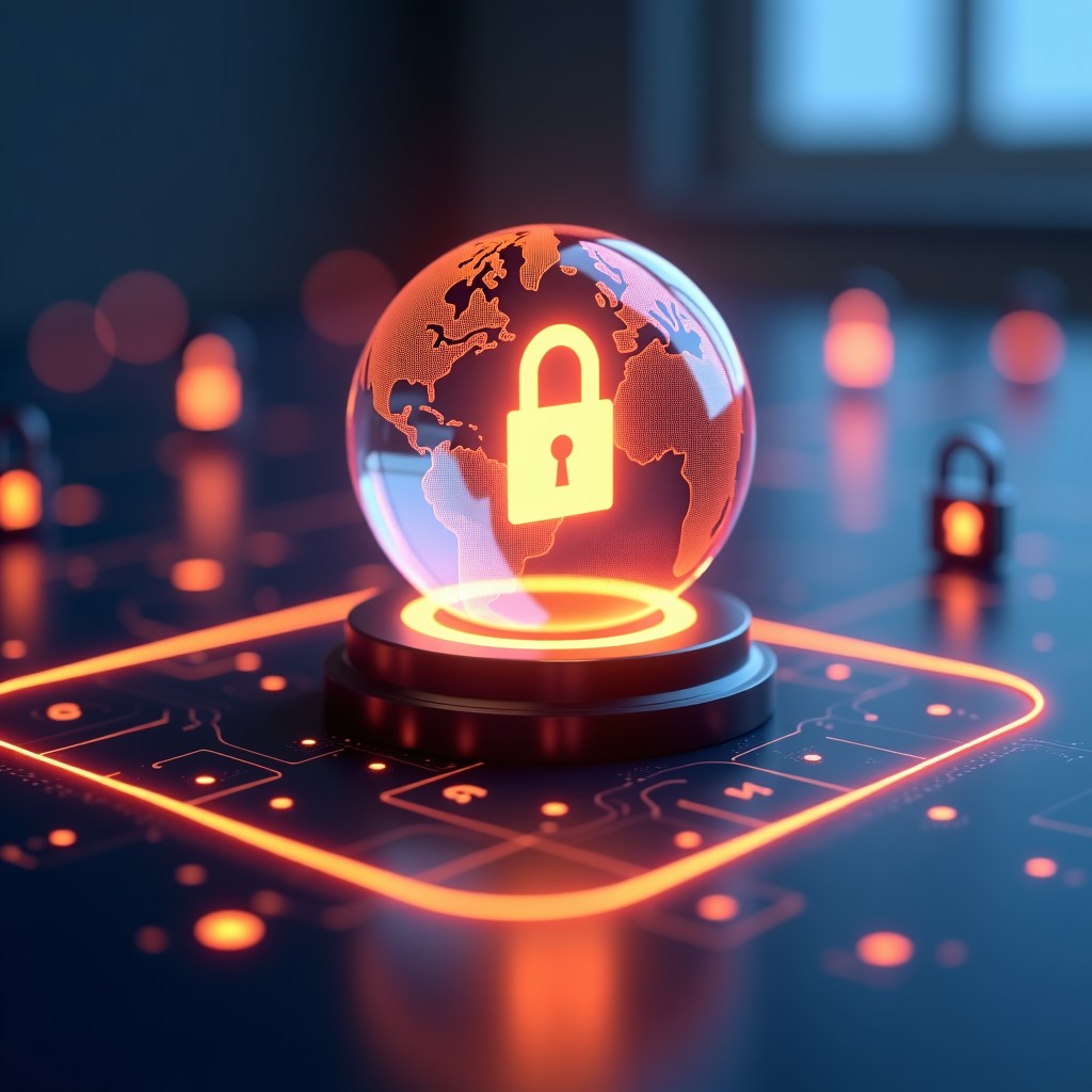 A serene digital workspace with a glowing holographic sphere representing secure AI, surrounded by icons of locks and privacy shields, warm and trustful lighting, high contrast, 4:3