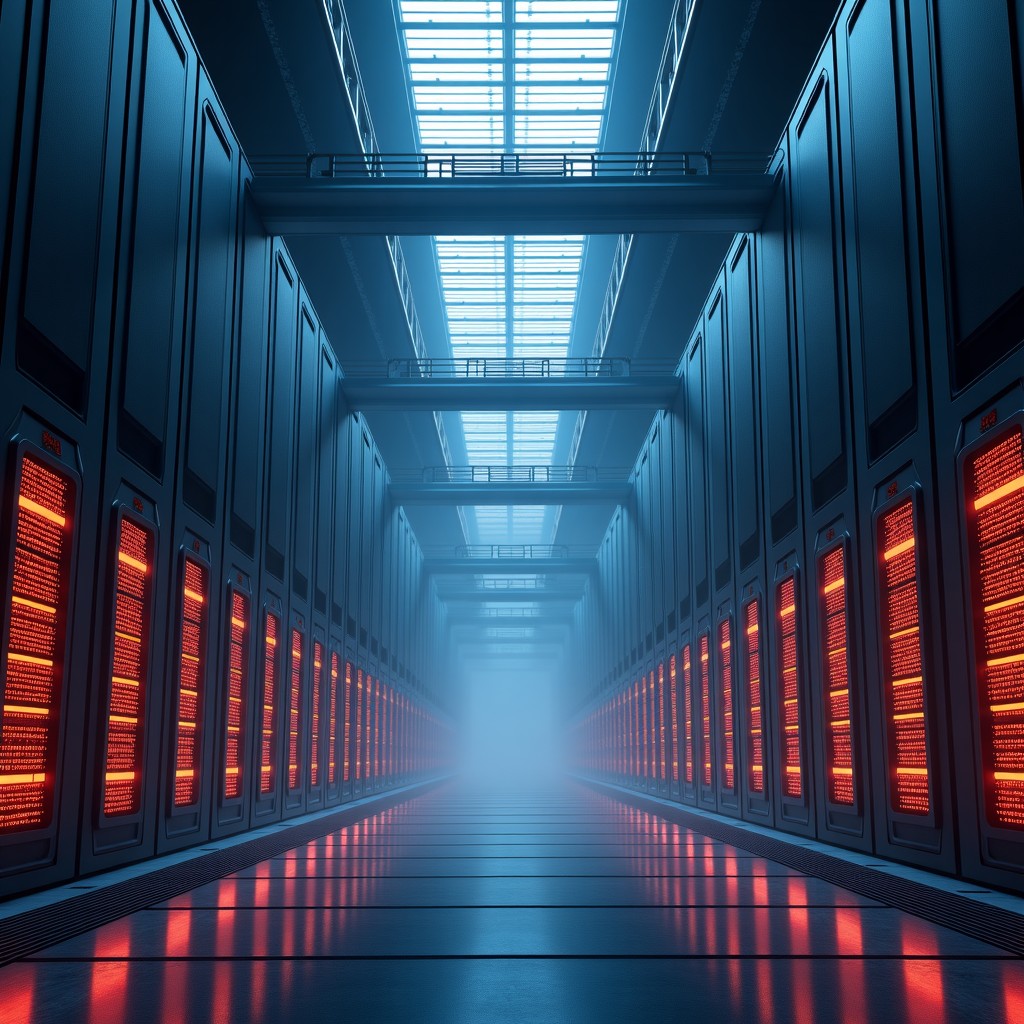 A massive high-tech data center under construction with heavy machinery and glowing server racks in a futuristic architectural style, cinematic lighting, 4:3