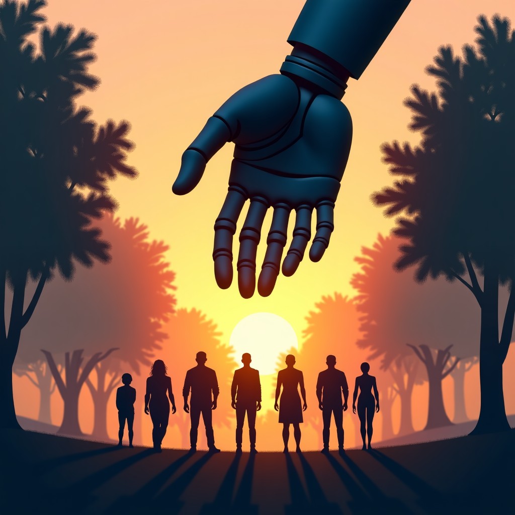A large shadow of a cold metallic robotic hand looming over a warm glowing group of diverse people standing together in a park, symbolic composition, high contrast, 4:3