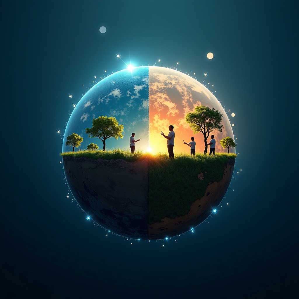 Symbolic representation of political campaign funding vs local environment, abstract digital nodes connecting with earth elements, cinematic lighting, 4:3