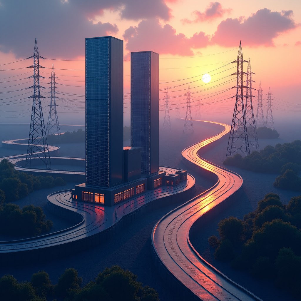 A futuristic view of a large-scale data center facility integrated with modern power grid infrastructure, sunset lighting, high resolution, photorealistic, 4:3 aspect ratio