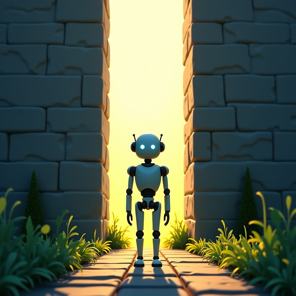 A conceptual illustration of an Android robot standing inside a tall stone walled garden. Bright sunlight inside, but high dark walls surrounding it. Artistic digital painting style, rich textures. 4:3