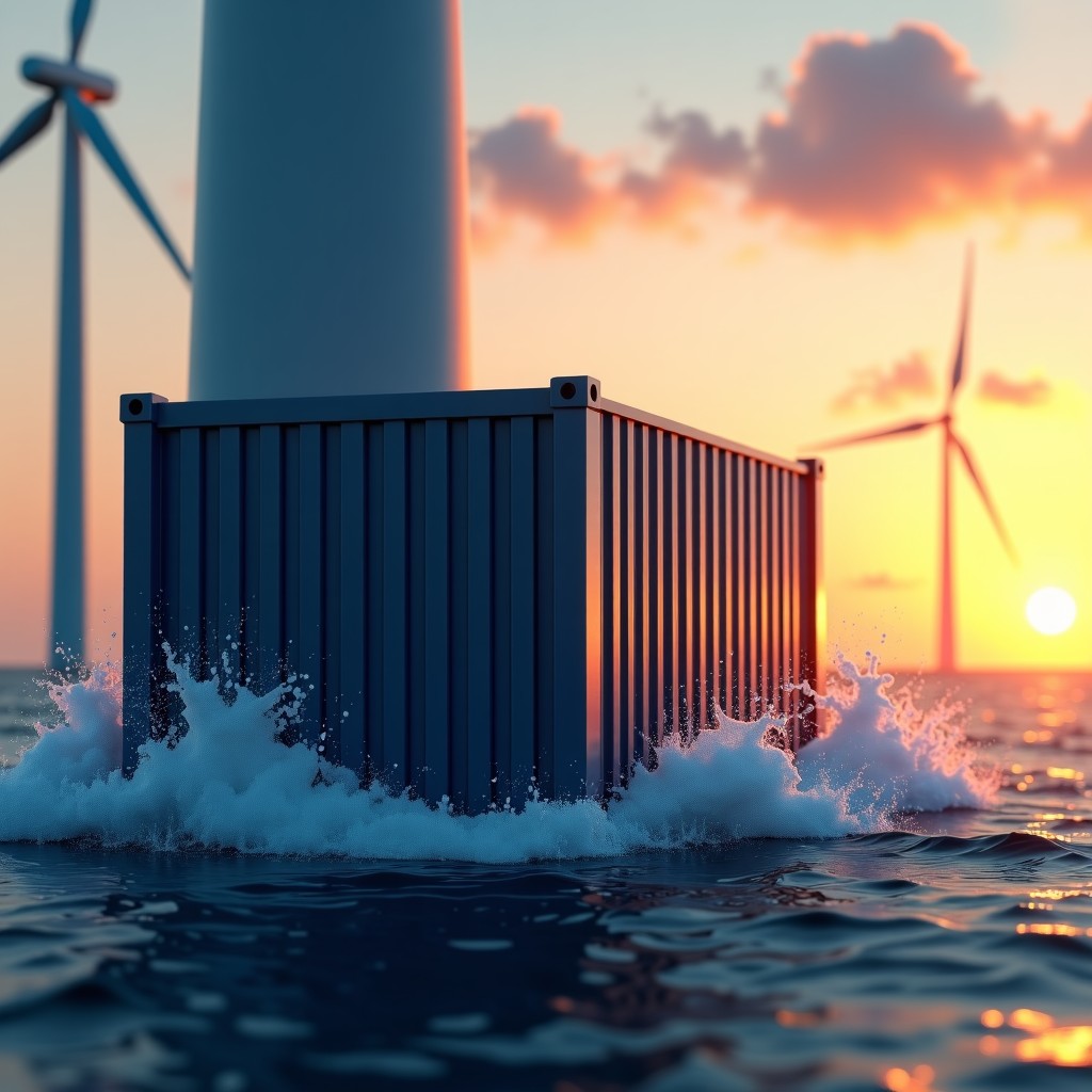 Detailed view of a hardened steel container housing servers at the base of a wind turbine, splashing waves, sunset background, realistic 4:3