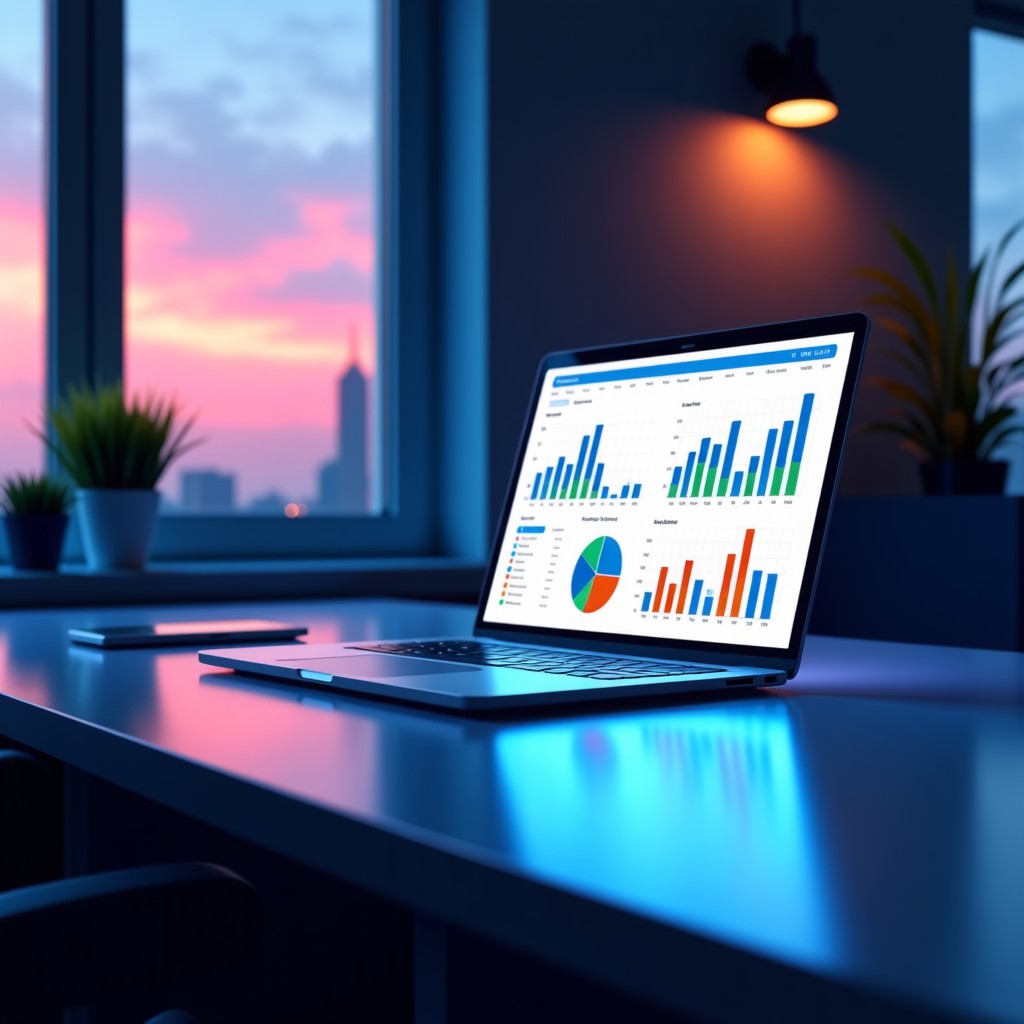 A sleek and modern office desk with a laptop and digital tablet showing data analytics charts, vibrant and clean composition, 1:1