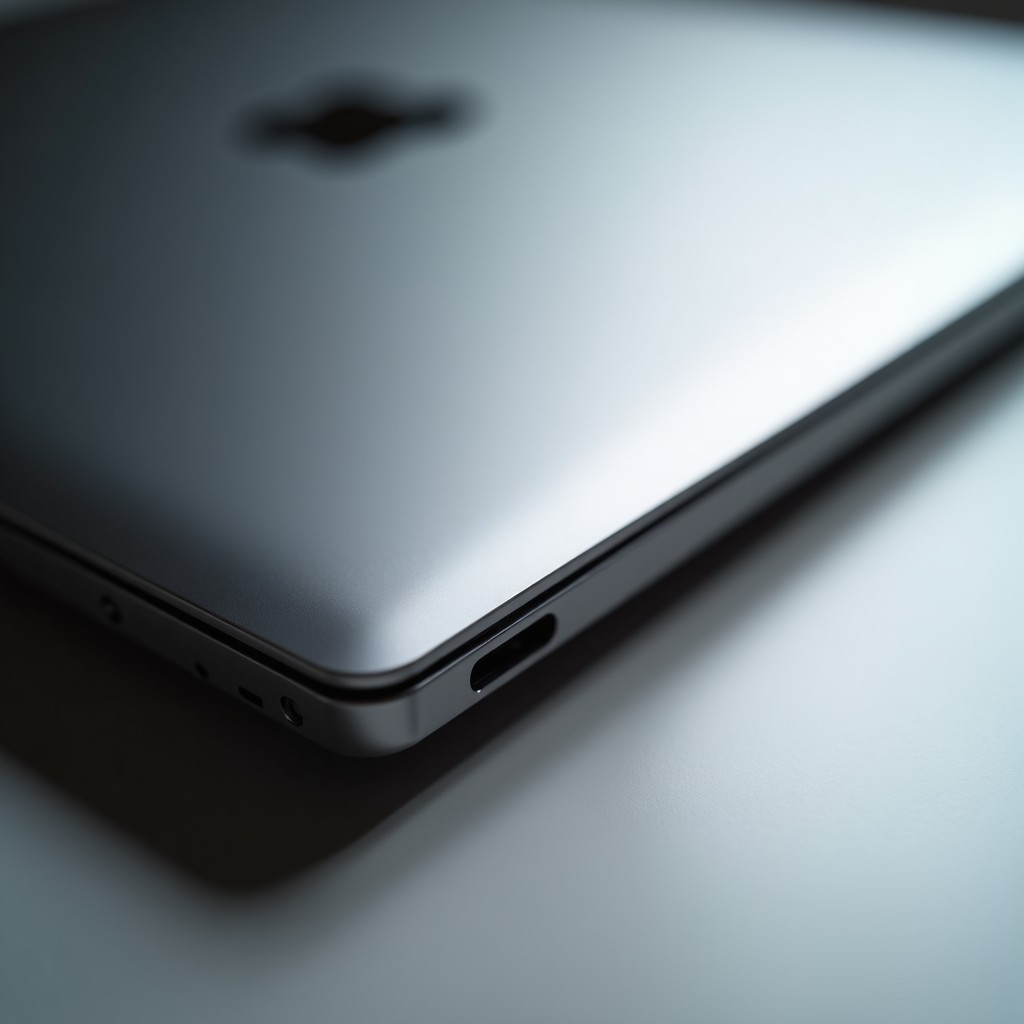 Close-up shot of a premium metallic laptop chassis showing the hinge and thin side profile. Elegant texture, soft studio lighting, focused on craftsmanship and material quality, no text, 1:1