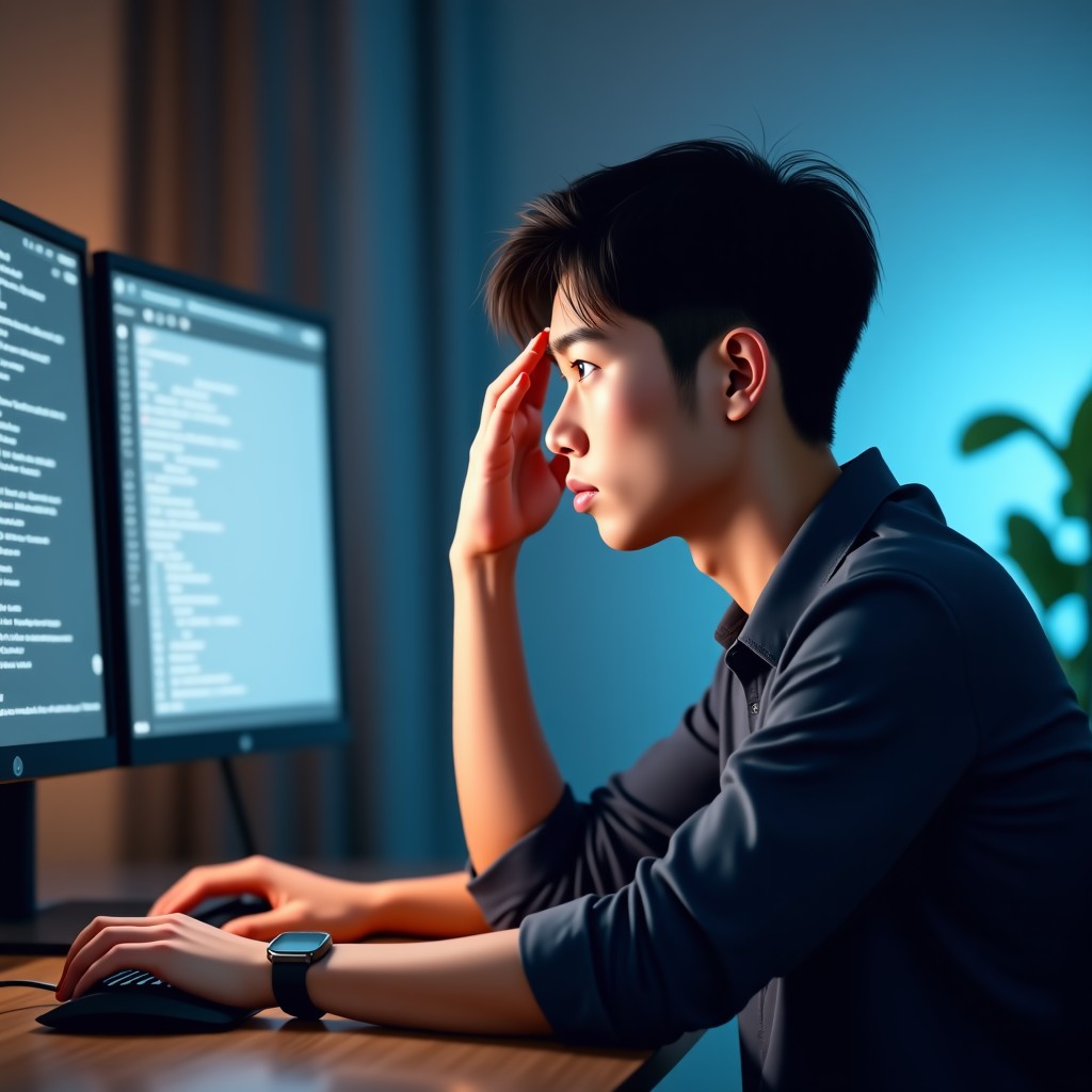 A Korean male developer sitting at a desk with multiple monitors, looking concerned and touching his forehead. Soft indoor lighting, realistic home office environment, shallow depth of field. 4:3