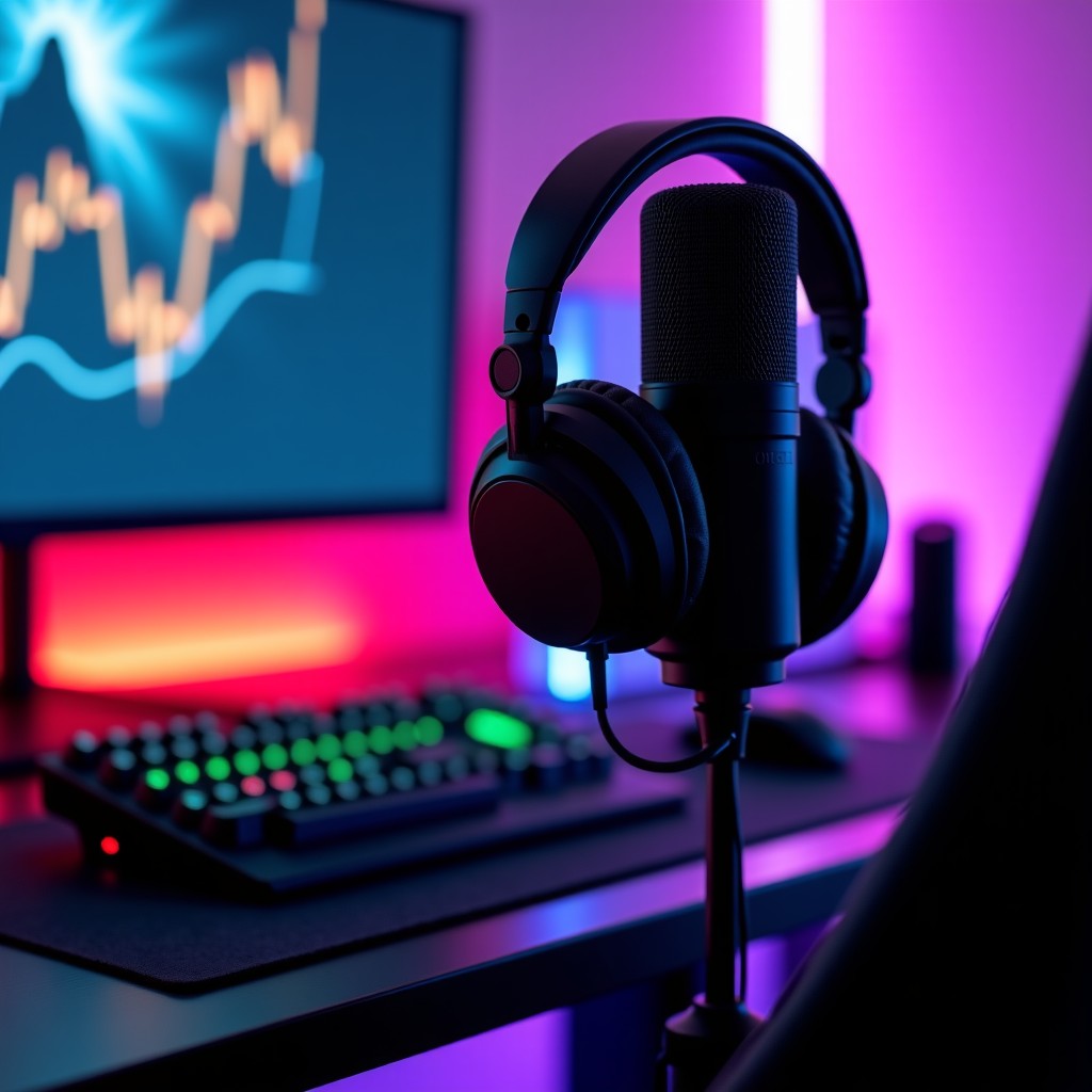 a professional gaming setup with a high end microphone and headset on a desk, soft neon lighting, focus on the audio equipment, cinematic look, 4:3