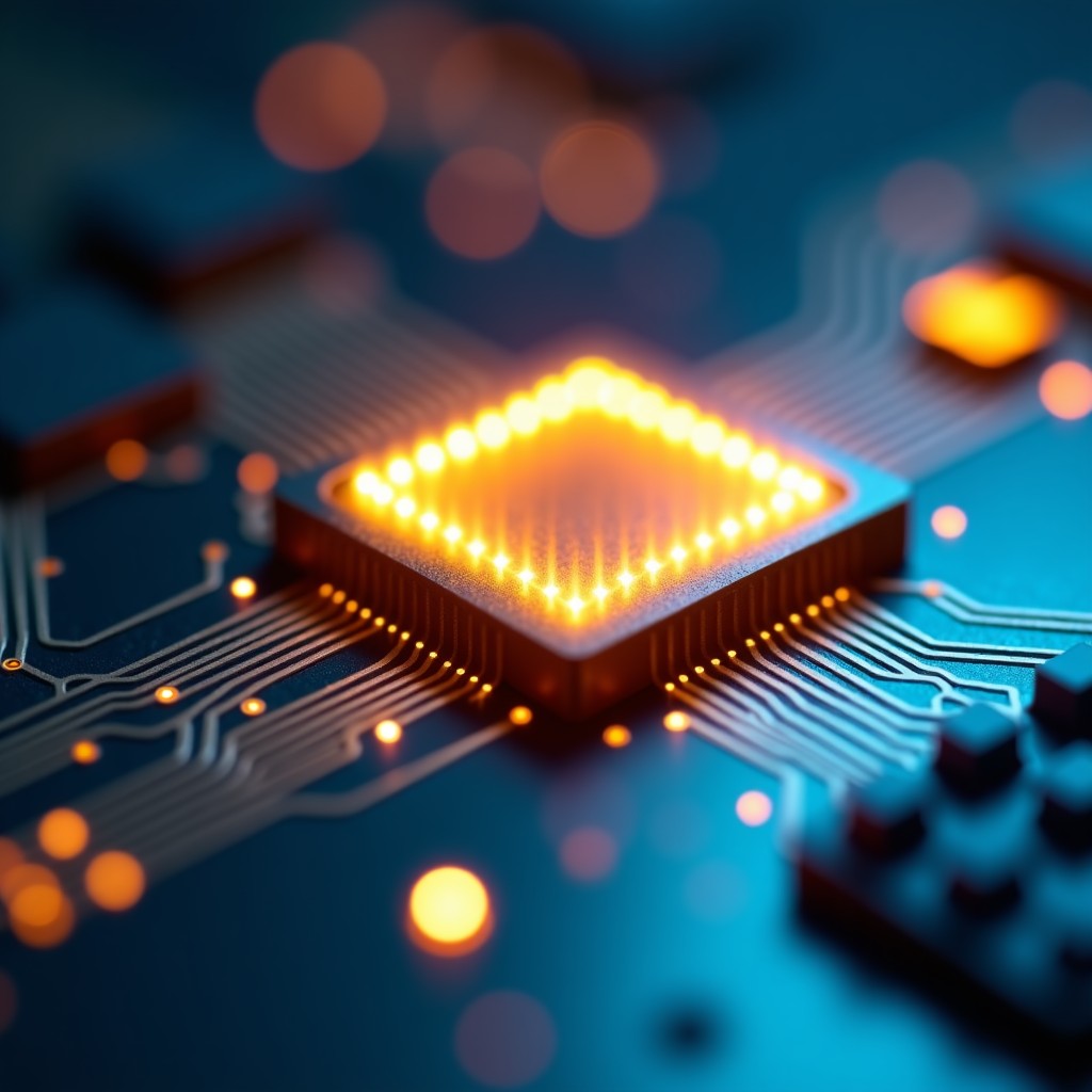 Close-up macro photography of a high-tech silicon photonics chip. Tiny beams of golden and cyan light are traveling through translucent glass-like circuits on a dark metallic surface. Soft bokeh background. No text. 1:1