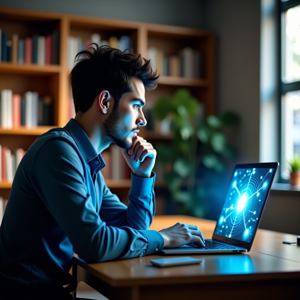 A thoughtful teacher in a modern classroom looking at a laptop screen with glowing neural network patterns emerging from it. The classroom has bookshelves and a warm atmosphere. Cinematic lighting, professional photography style, 4:3