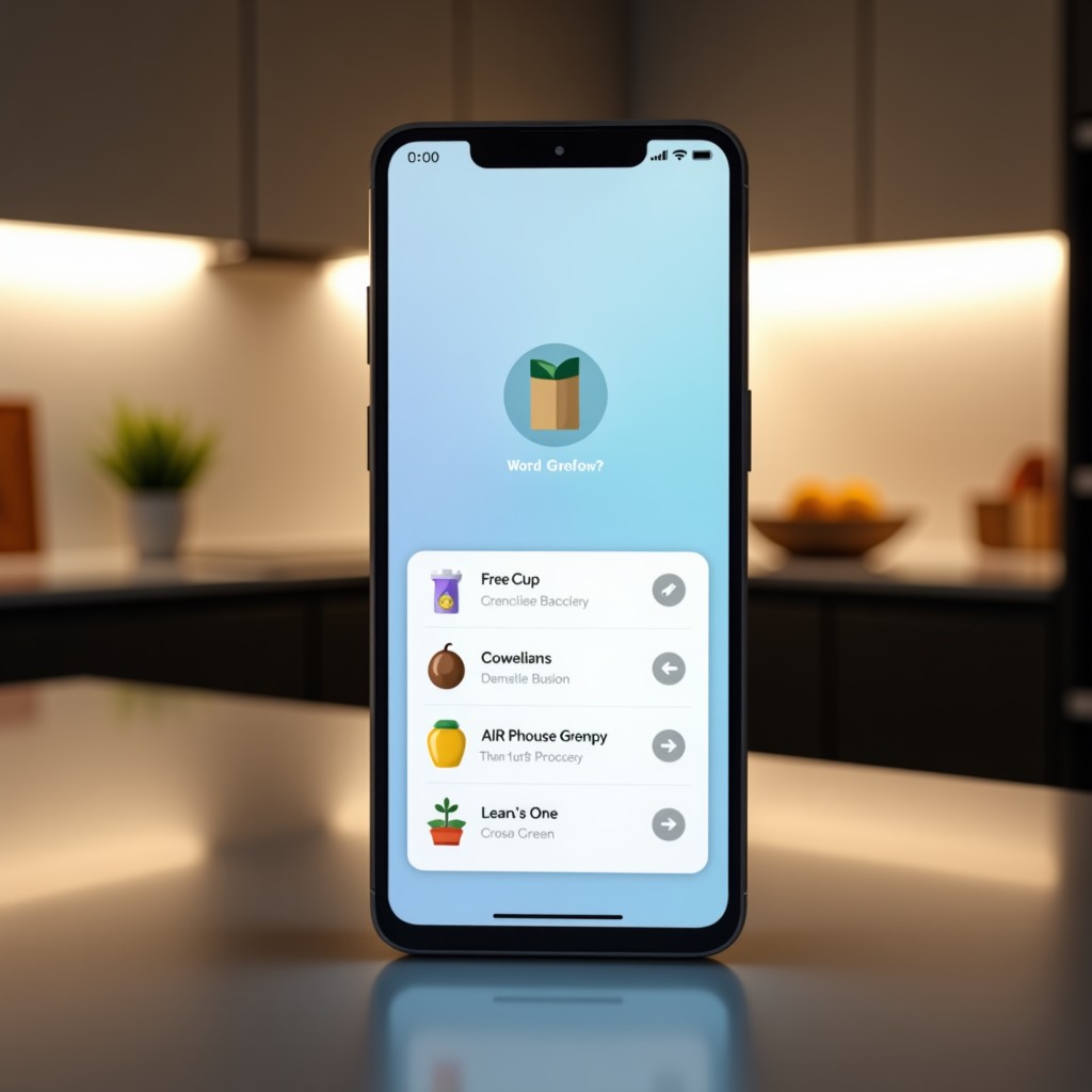 A sleek Google Pixel 10 Pro smartphone displaying a futuristic Gemini AI interface where it is processing a grocery order on a grocery app. The background is a modern kitchen with soft lighting. High-tech aesthetic, clean UI, no text. 4:3