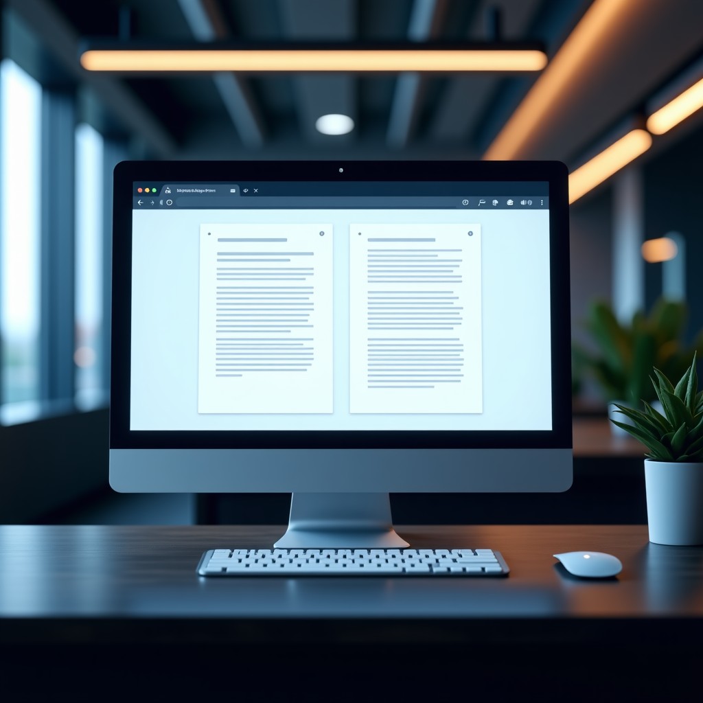 A clean, modern interface showing a side-by-side AI document editor on a computer screen, high-tech workspace atmosphere, cinematic lighting, 4:3