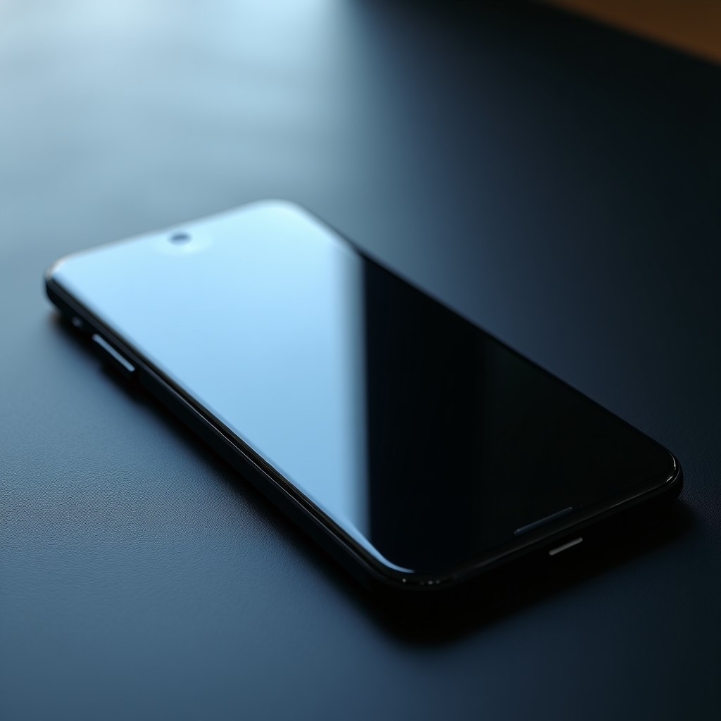 A professional studio shot of a modern smartphone on a textured dark desk, sleek design, natural soft lighting, hyper-realistic, 4:3 aspect ratio.