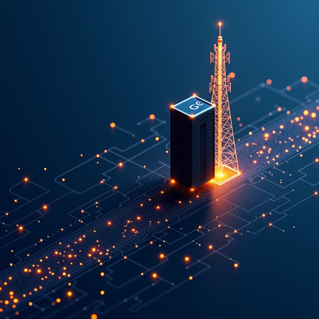 High-tech visualization of data flowing between a Google cloud server and a telecommunications signal tower, glowing lines of code, dark blue and gold color scheme, 4:3