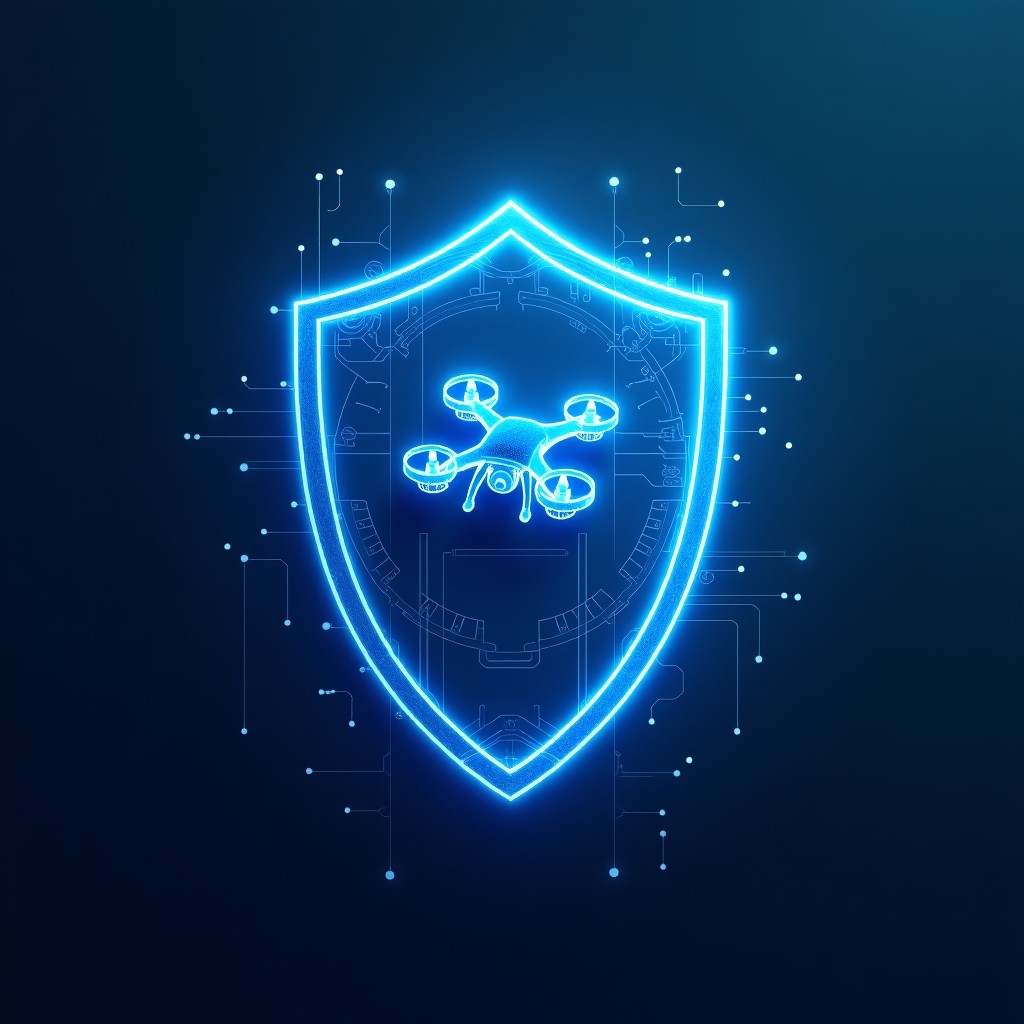 Digital art representing the intersection of artificial intelligence and military defense, abstract blue and metallic tones, glowing circuit lines forming a shield and a drone, clean and modern layout, 4:3