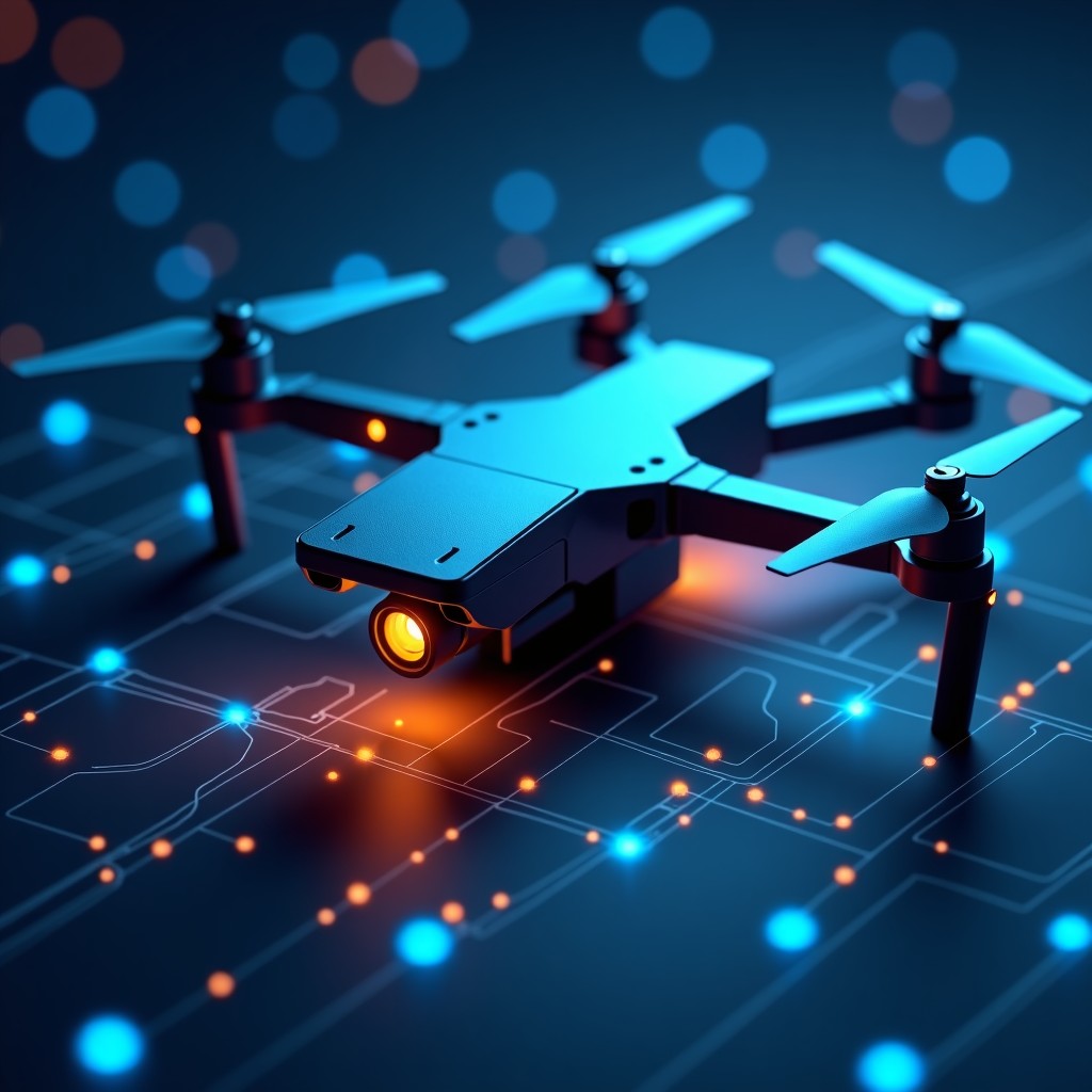 Digital representation of a modern military drone connected to network data nodes, blue and orange lights, high tech, clean background, 4:3