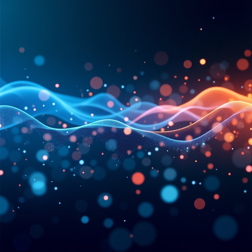Digital representation of a neural network processing satellite imagery and tactical data. Blue and orange light streaks representing data flow. Abstract but professional and clean military technology concept. 4:3