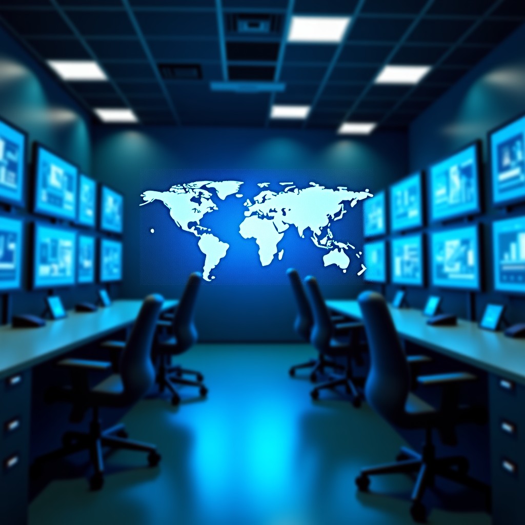 Modern office interior with screens showing data streams and global network connections, bright and balanced lighting, sharp focus, 4:3.
